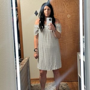 Stripped black and white dress.  You can wear it off the shoulder or on.